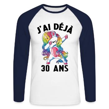 J'ai Déja 30 Ans Cadeau Anniversaire Fille Licorne - T-shirt baseball manches longues Homme - blanc/marine - Devant - Nik (191cm)