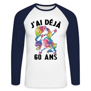 J'ai Déja 60 Ans Cadeau Anniversaire Fille Licorne - T-shirt baseball manches longues Homme - blanc/marine - Devant - Nik (191cm)