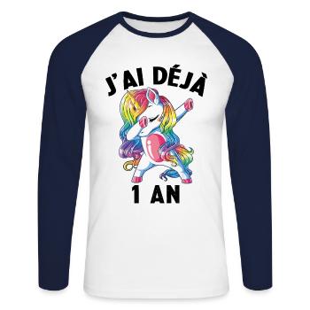 J'ai Déja 1 An Cadeau Anniversaire Fille Licorne - T-shirt baseball manches longues Homme - blanc/marine - Devant - Nik (191cm)