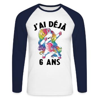 J'ai Déja 6 Ans Cadeau Anniversaire Fille Licorne - T-shirt baseball manches longues Homme - blanc/marine - Devant - Nik (191cm)
