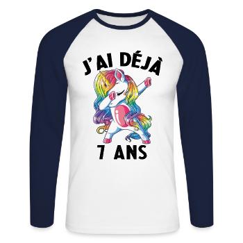 J'ai Déja 7 Ans Cadeau Anniversaire Fille Licorne - T-shirt baseball manches longues Homme - blanc/marine - Devant - Nik (191cm)