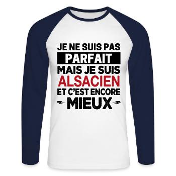 Je ne suis pas parfait mais Alsacien Alsace Cadeau - T-shirt baseball manches longues Homme - blanc/marine - Devant - Nik (191cm)