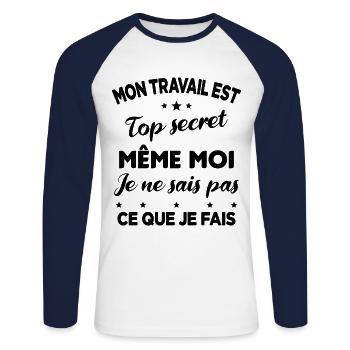 Collègue de bureaux Mon travail est top secret - T-shirt baseball manches longues Homme - blanc/marine - Devant - Nik (191cm)