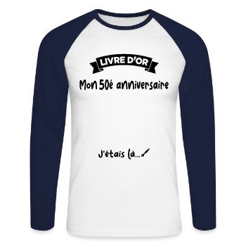 Cadeau drôle 50e Anniversaire Livre D'or - T-shirt baseball manches longues Homme - blanc/marine - Devant - Nik (191cm)