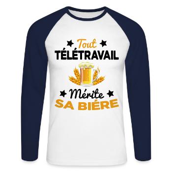 Tout Télétravail Mérite Sa Bière Cadeau - T-shirt baseball manches longues Homme - blanc/marine - Devant - Nik (191cm)