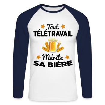 Tout Télétravail Mérite Sa Bière Cadeau - T-shirt baseball manches longues Homme - blanc/marine - Devant - Nik (191cm)