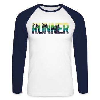 Running Runner Half Marathon Retro - Unisex Long Sleeve Baseball T-Shirt - white/navy - Front - Nik (191cm)