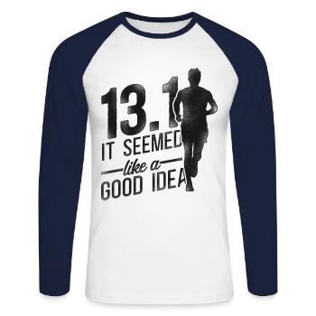 Running Runner Semi-marathon Demi-marathon - T-shirt baseball manches longues Homme - blanc/marine - Devant - Nik (191cm)