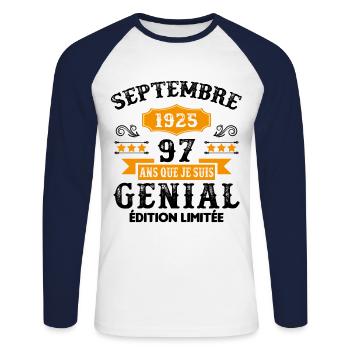 97 Ans Anniversaire Vintage Né(e) Septembre 1925 - T-shirt baseball manches longues Homme - blanc/marine - Devant - Nik (191cm)