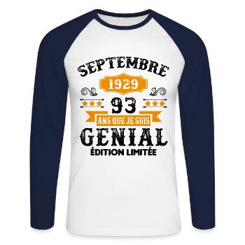 93 Ans Anniversaire Vintage Né(e) Septembre 1929 - T-shirt baseball manches longues Homme - blanc/marine - Devant - Nik (191cm)
