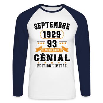 93 Ans Anniversaire Vintage Né(e) Septembre 1929 - T-shirt baseball manches longues Homme - blanc/marine - Devant - Nik (191cm)