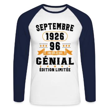 96 Ans Anniversaire Vintage Né(e) Septembre 1926 - T-shirt baseball manches longues Homme - blanc/marine - Devant - Nik (191cm)