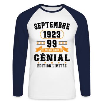 99 Ans Anniversaire Vintage Né(e) Septembre 1923 - T-shirt baseball manches longues Homme - blanc/marine - Devant - Nik (191cm)