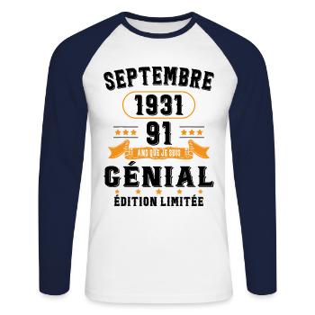 91 Ans Anniversaire Vintage Né(e) Septembre 1931 - T-shirt baseball manches longues Homme - blanc/marine - Devant - Nik (191cm)