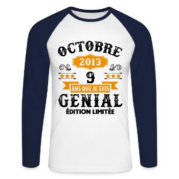 9 Ans Anniversaire Vintage En Octobre 2013 - T-shirt baseball manches longues Homme - blanc/marine - Devant - Nik (191cm)