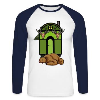 Bauwagen Hütte Wald Braunbär Jäger Jagt Wildtiere - Unisex Baseballshirt langarm - Weiß/Navy - Vorne - Nik (191cm)