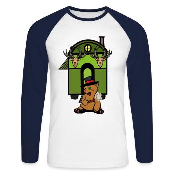 Bauwagen Hütte Wald Braunbär Freak Naturliebhaber - Unisex Baseballshirt langarm - Weiß/Navy - Vorne - Nik (191cm)