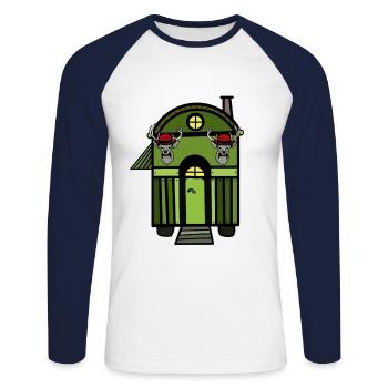 Bauwagen Holz Hütte Haus Wildnis Natur wohnen - Unisex Baseballshirt langarm - Weiß/Navy - Vorne - Nik (191cm)