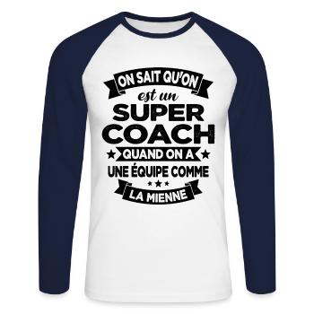 On Sait Qu'on Est Un Super Coach - T-shirt baseball manches longues Homme - blanc/marine - Devant - Nik (191cm)