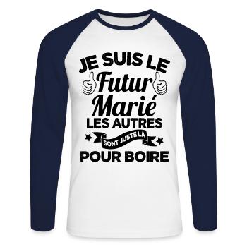 Cadeau de célibataire pour un futur marié - T-shirt baseball manches longues Homme - blanc/marine - Devant - Nik (191cm)