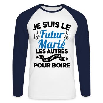 Cadeau de célibataire pour un futur marié - T-shirt baseball manches longues Homme - blanc/marine - Devant - Nik (191cm)