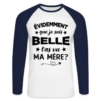 évidemment que je suis belle t'as vu ma mère - T-shirt baseball manches longues Homme - blanc/marine - Devant - Nik (191cm)
