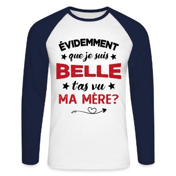 évidemment que je suis belle t'as vu ma mère - T-shirt baseball manches longues Homme - blanc/marine - Devant - Nik (191cm)
