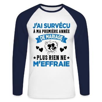Ma Première Année De Mariage Humour Cadeau - T-shirt baseball manches longues Homme - blanc/marine - Devant - Nik (191cm)