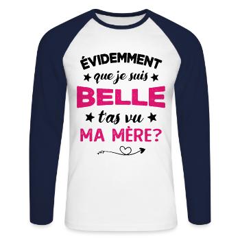 évidemment que je suis belle t'as vu ma mère - T-shirt baseball manches longues Homme - blanc/marine - Devant - Nik (191cm)