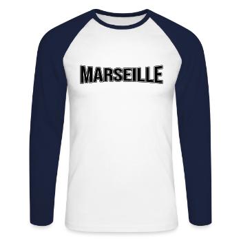 Marseille - T-shirt baseball manches longues Homme - blanc/marine - Devant - Nik (191cm)