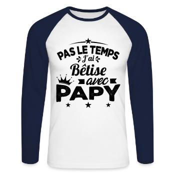 Pas le temps J'ai Bêtise Avec Papy Cadeau - T-shirt baseball manches longues Homme - blanc/marine - Devant - Nik (191cm)