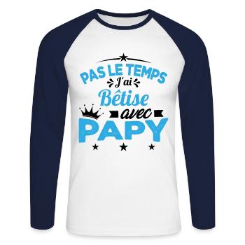 Pas le temps J'ai Bêtise Avec Papy Cadeau - T-shirt baseball manches longues Homme - blanc/marine - Devant - Nik (191cm)