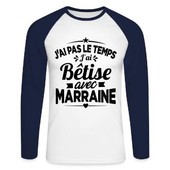 J'ai Pas Le Temps, J'ai Bêtise Avec Marraine - T-shirt baseball manches longues Homme - blanc/marine - Devant - Nik (191cm)