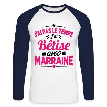 J'ai Pas Le Temps, J'ai Bêtise Avec Marraine - T-shirt baseball manches longues Homme - blanc/marine - Devant - Nik (191cm)