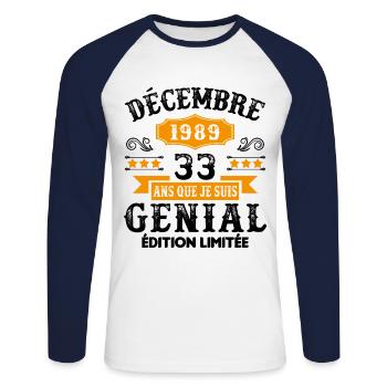 33 Ans Anniversaire Vintage En Décembre 1989 - T-shirt baseball manches longues Homme - blanc/marine - Devant - Nik (191cm)