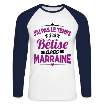 J'ai Pas Le Temps, J'ai Bêtise Avec Marraine - T-shirt baseball manches longues Homme - blanc/marine - Devant - Nik (191cm)