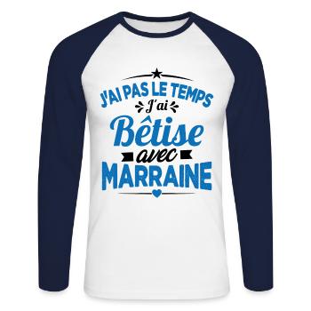 J'ai Pas Le Temps, J'ai Bêtise Avec Marraine - T-shirt baseball manches longues Homme - blanc/marine - Devant - Nik (191cm)