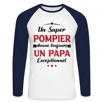 Pompier futur papa sapeur pompier anniversaire - T-shirt baseball manches longues Homme - blanc/marine - Devant - Nik (191cm)