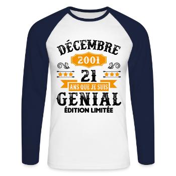 21 Ans Anniversaire Vintage Né(e) en Décembre 2001 - T-shirt baseball manches longues Homme - blanc/marine - Devant - Nik (191cm)