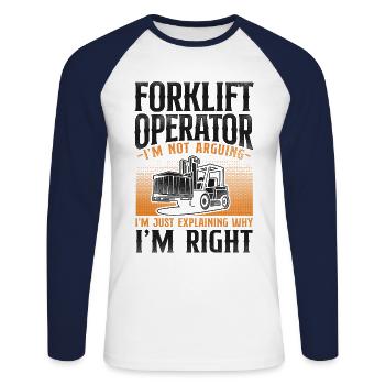 Certified Forklift Truck Operator - Unisex Long Sleeve Baseball T-Shirt - white/navy - Front - Nik (191cm)
