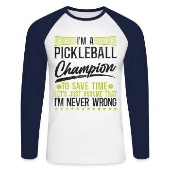 Pickleball Je suis un Pickleball - T-shirt baseball manches longues Homme - blanc/marine - Devant - Nik (191cm)