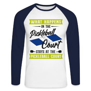 Pickleball What Happens At The - Unisex Long Sleeve Baseball T-Shirt - white/navy - Front - Nik (191cm)