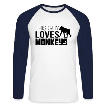 This guy loves monkeys - Unisex Long Sleeve Baseball T-Shirt - white/navy - Front - Nik (191cm)