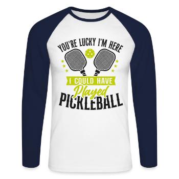 Pickleball Tu as de la chance que je sois là - T-shirt baseball manches longues Homme - blanc/marine - Devant - Nik (191cm)