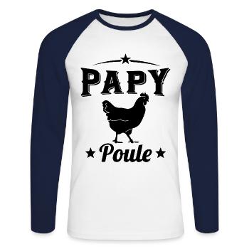 Papy Poule Humour Cadeau Grand Père - T-shirt baseball manches longues Homme - blanc/marine - Devant - Nik (191cm)