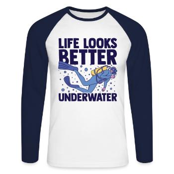 Life Looks Better Underwater Scuba Diver Diving Sn - Unisex Baseballshirt langarm - Weiß/Navy - Vorne - Nik (191cm)