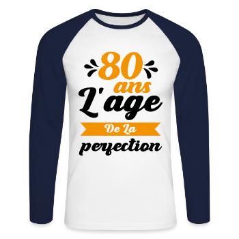 80 Ans Anniversaire 80 ans l'age de la perfection - T-shirt baseball manches longues Homme - blanc/marine - Devant - Nik (191cm)