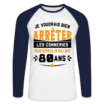 Je Voudrais Bien 80 ans Humour Cadeau - T-shirt baseball manches longues Homme - blanc/marine - Devant - Nik (191cm)