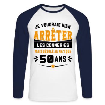 Je Voudrais Bien 50 Ans Humour Cadeau - T-shirt baseball manches longues Homme - blanc/marine - Devant - Nik (191cm)