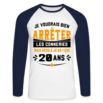 Je Voudrais Bien 20 Ans Humour Cadeau - T-shirt baseball manches longues Homme - blanc/marine - Devant - Nik (191cm)